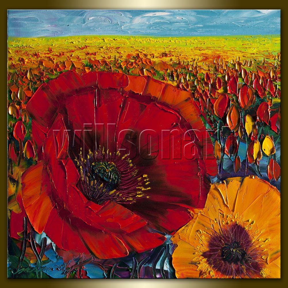 Poppy Poppies Floral Canvas Modern Flower Oil Painting Textured Palette Knife Original Art 16X16 by Willson Lau
