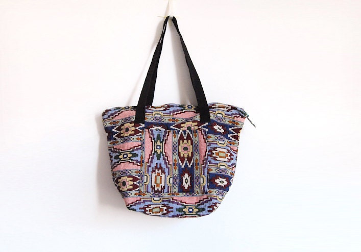 Vintage Tapestry Woven Tote Bag - Navajo Ethnic Pattern