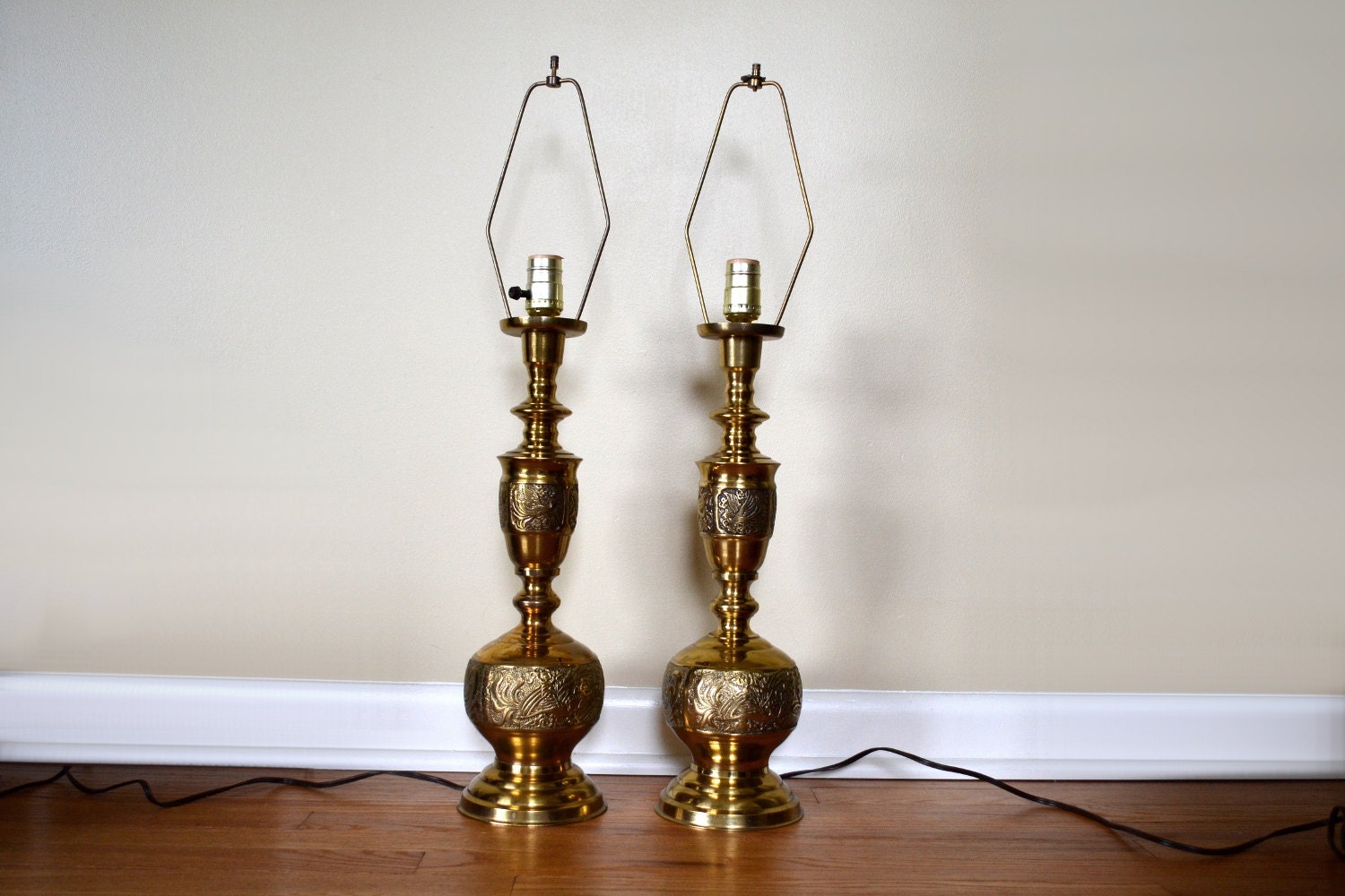 Vintage Brass Lamps, Table Lamp Pair, 1960s Hollywood Regency Lighting, Gold Tone Home Decor, Asian, Tropical Bird Design, Exotic