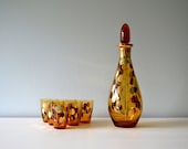 Vintage Crystal Decanter Set, Belfor Czechoslovakian Amber, Gold, Brown Glass Liquor Set, Shot Glasses, Stopper, 1960s Mid Century Barware