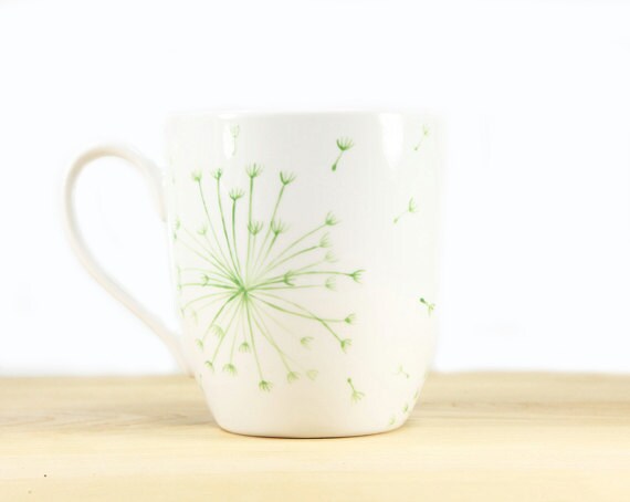 Hand Painted Ceramic Coffee Mug Tea Cup Green Dandelion Botanical Design Minimalist White  Modern Kitchen Decor Decorative Art