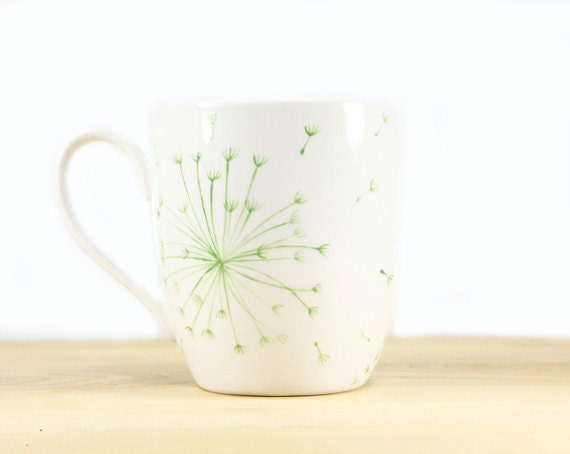 Hand Painted Ceramic Coffee Mug Tea Cup Green Dandelion Botanical Design Minimalist White  Modern Kitchen Decor Decorative Art