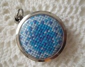 Cross Stitch Round Pendant - Blues