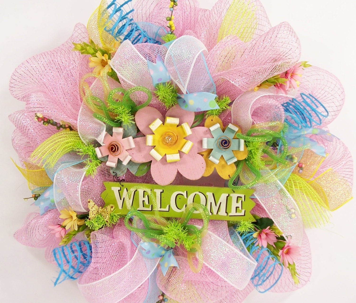 Spring Mesh wreath in pink, blue, yellow and lime summer daisy door hanging