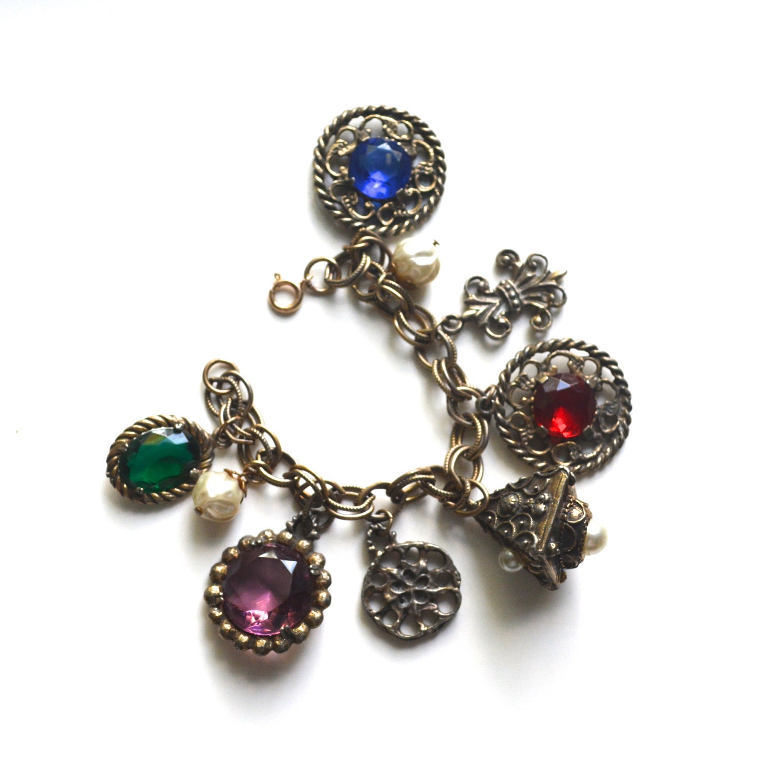 50s Charm Bracelet/ Large  Charms/Glass dangle beads/ 1950s-60s
