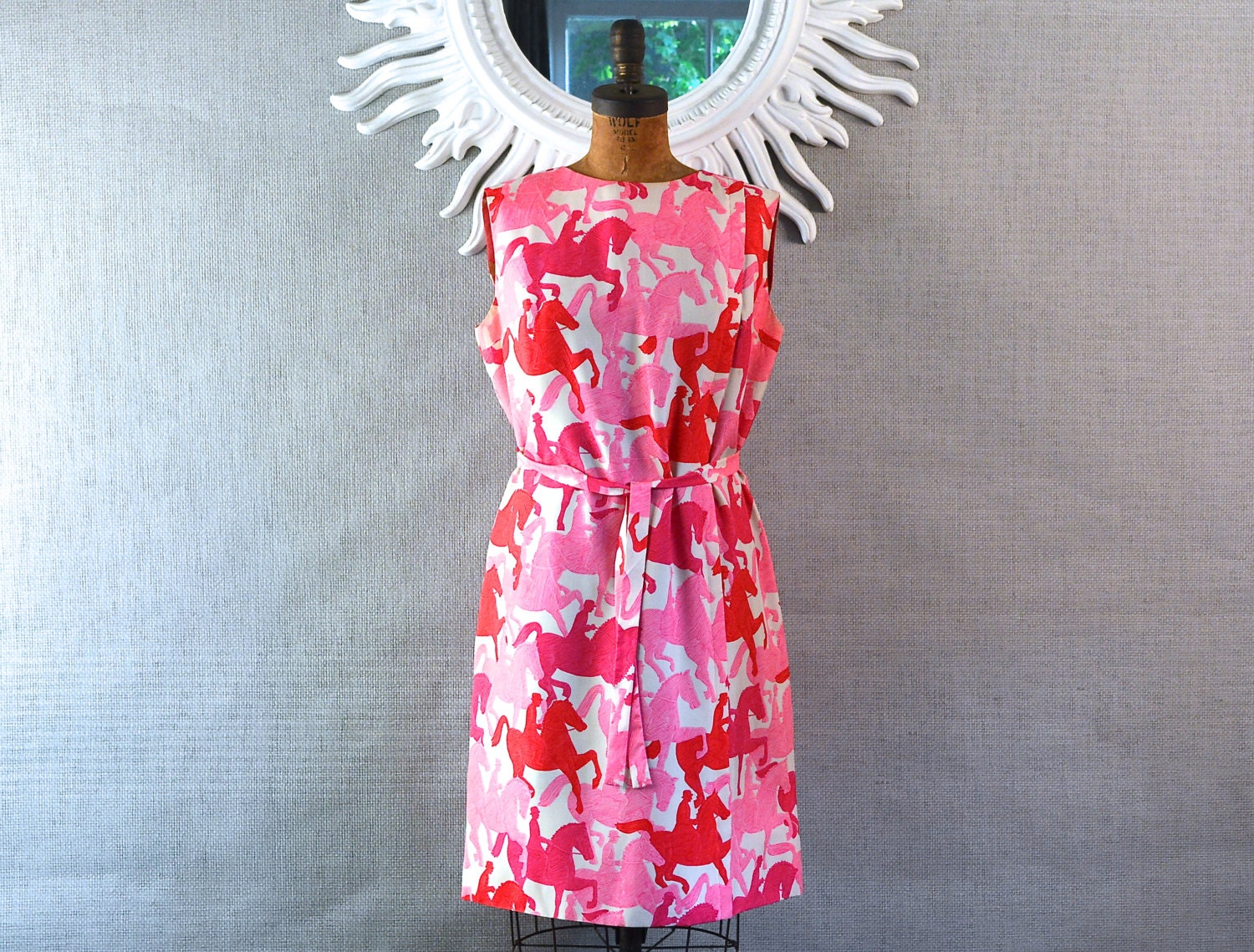 60s Horse Dress/ Pink Silk Equestrian Frock/ Horse and Rider/ Designer/ RARE Larger size
