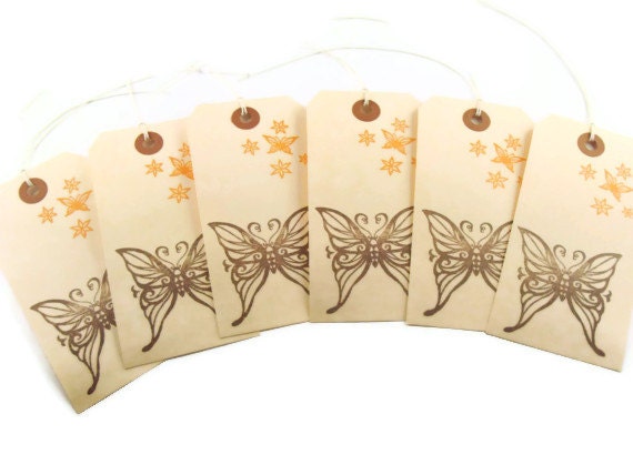 Chocolate Brown & Tangerine Orange Butterfly Gift Tags Set of 6 Handmade Merchandise Tags Gift Wrap Scrapbooking Wedding Escort Tags