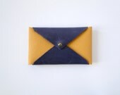 Leather Business Card Case or Wallet - Navy Blue and Goldenrod Yellow Colorblock