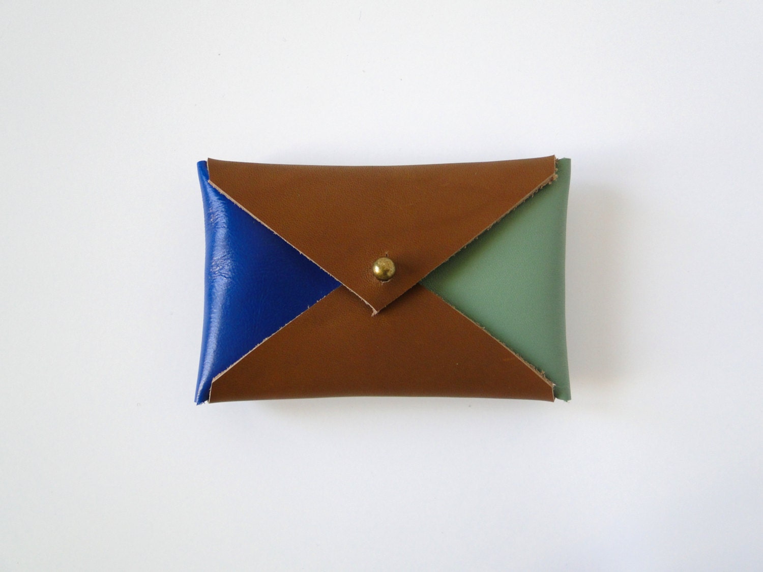Leather Business Card Case or Wallet - Brown, Blue, and Green Colorblock