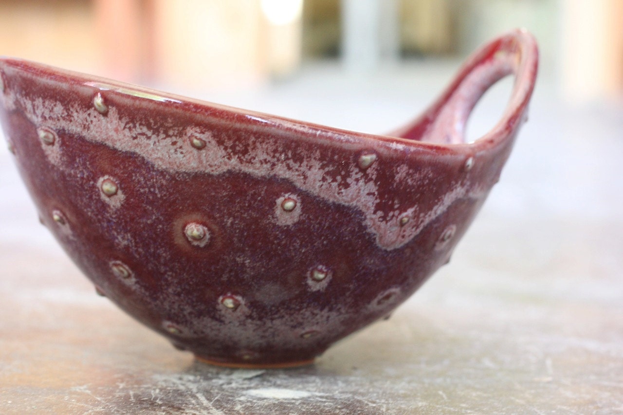 Pottery Bowl - Raspberry Red Dot Bowl with Handle - Noodle Bowl