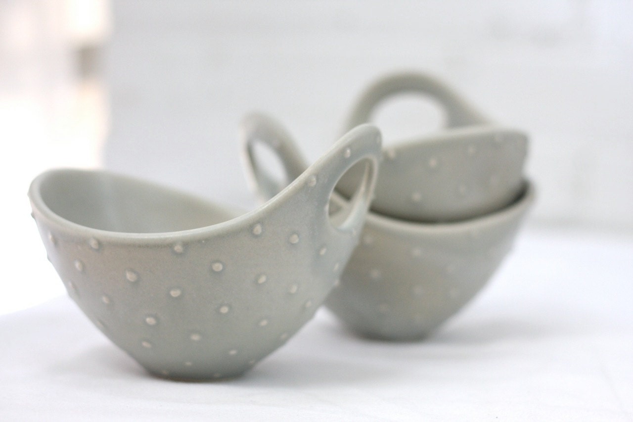 Pottery Bowl - Soft Gray Polka Dot Bowl with Handle - Noodle Bowl