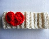 Ivory & Red Heart Crochet Headband/Ear warmer