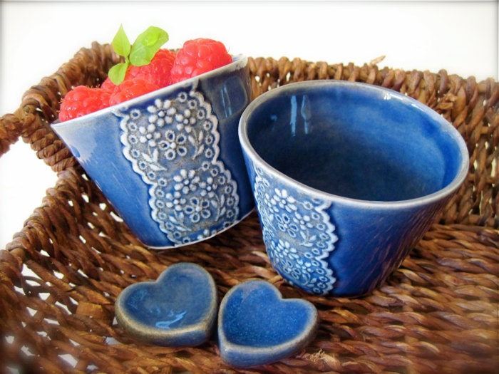 Blue Porcelain Lace Cup with Heart Cutlery Rest Set -Hideminy Lace Series