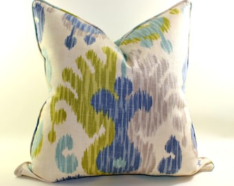 AquaMarine Ikat Pillow Cover, Cushion, Linen Pillow, Floral Pillow, Toss Pillow