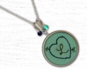 Hand Embroidered Necklace - Design your own Custom Heart & Arrow Valentines Design Necklace Pendant With Chain - Kona Cotton Colors