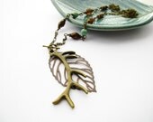 Woodland Deer Antler and Leaf Necklace Antique Brass with Beaded Chain