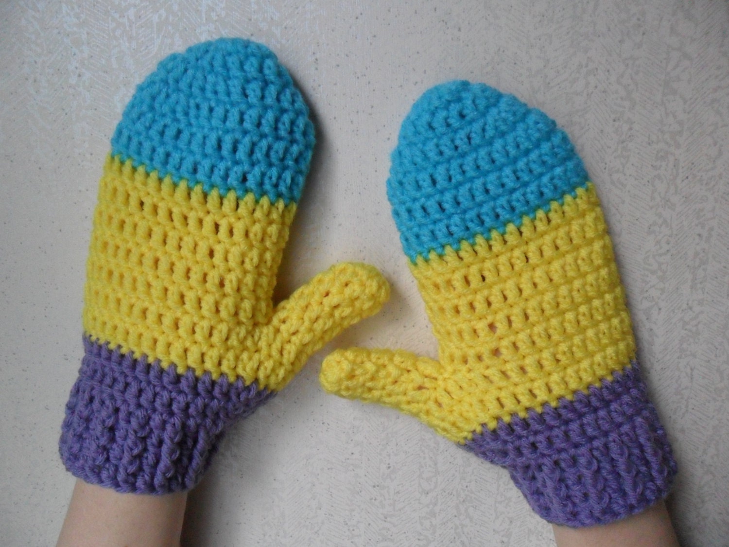 Bright 3 Tone Mittens - Blue Yellow Purple - Ready to Ship - Hand Wrist Warmers Gloves