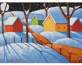 PAINTING ORIGINAL Folk Art Night Star Snow Modern Abstract Tree Shadows Winter Moon Road Landscape Fine Artwork Horvath Buchanan 12x16
