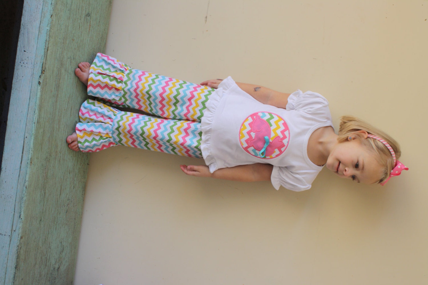 Girls chevron ruffled easter tshirt and matching pants by Gigi Babies