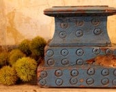CLEARANCE Item Distressed Blue Circles Handcarved Antique Indian Column Candle Stand