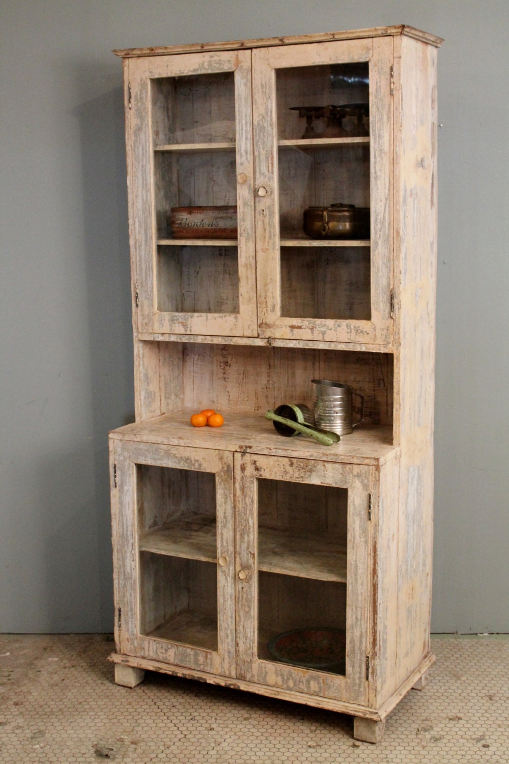 SALE Vintage Distressed Cream Rustic Indian Kitchen Glass Cupboard
