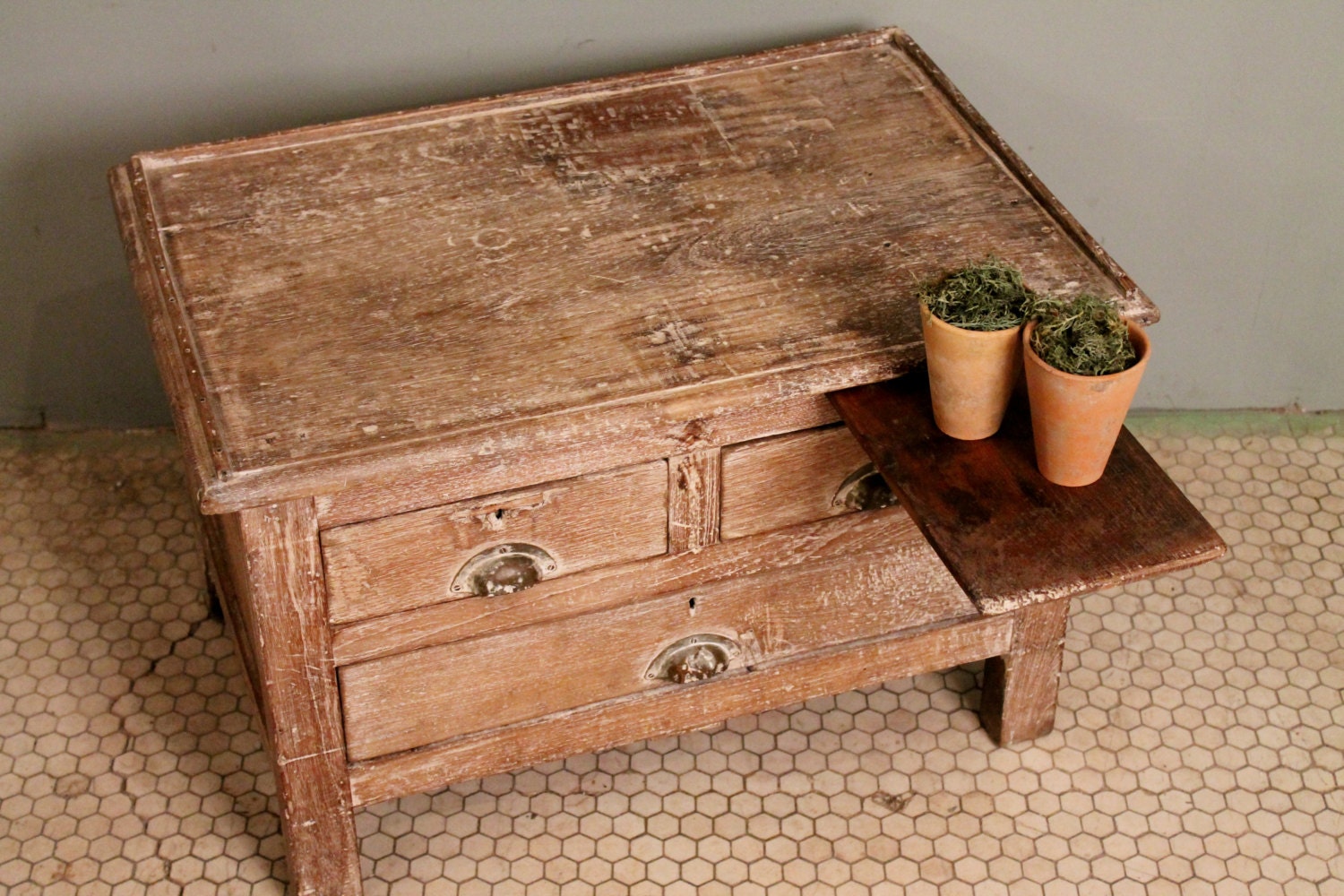 SALE Antique Indian Whitewashed Wood Merchant Desk Jewelry Box Side Table Charging Station