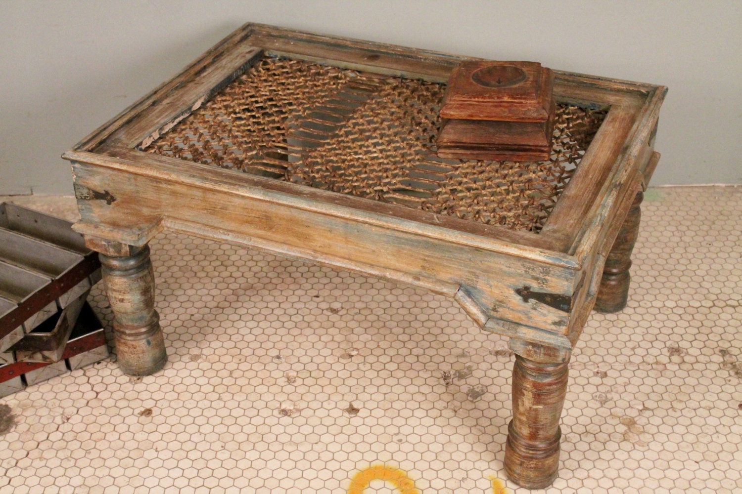 SALE Vintage Distressed Sage Painted Indian Discarded Iron Handmade Coffee Side Table Reclaimed Wood