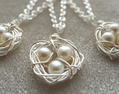 Three White Pearls Bird Nest Pendant, Cultured Freshwater Pearls, Adjustable Chain