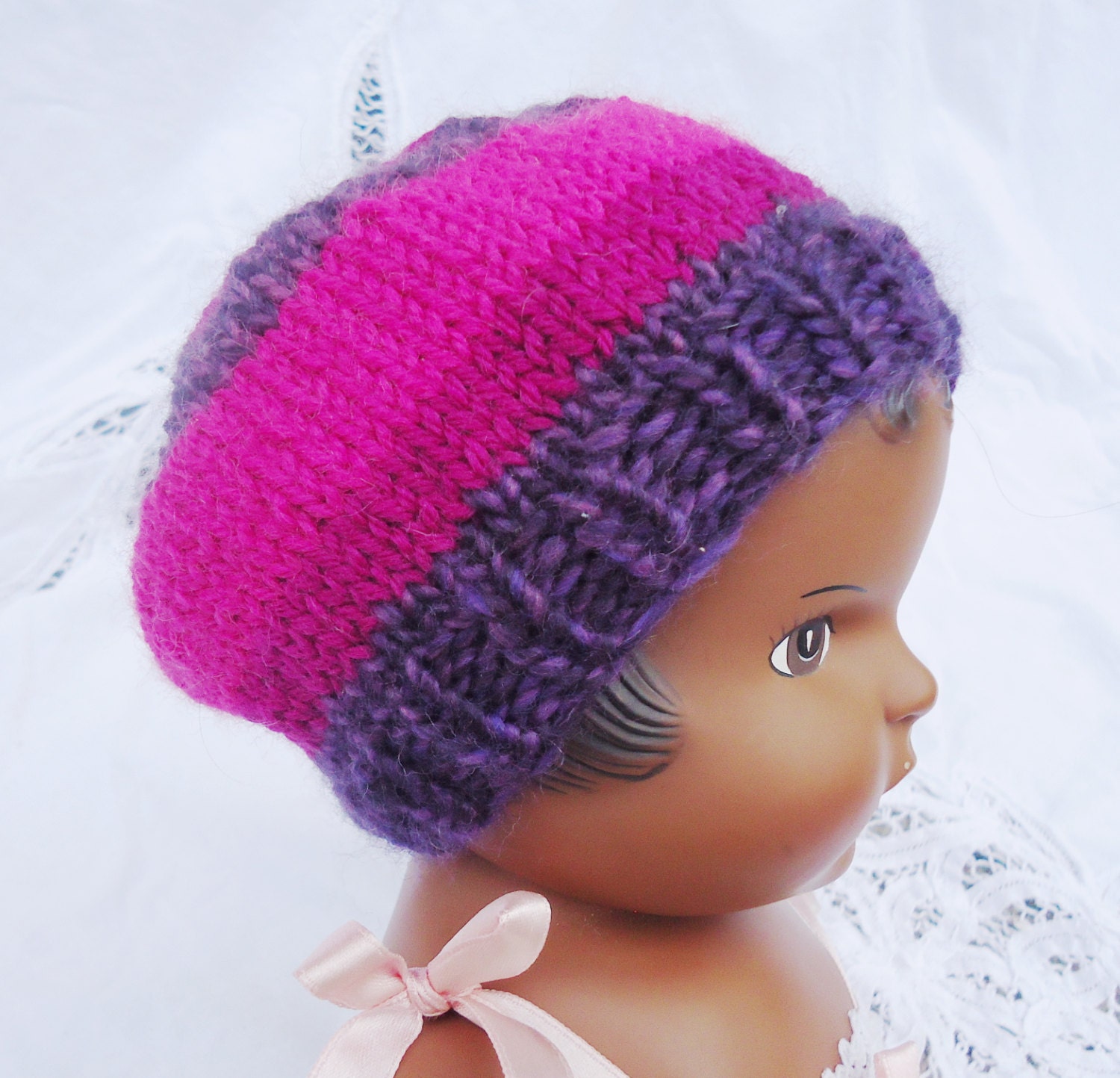 Striped Hot Pink Purple 18 Inch Doll Hat Tam Hand Knit Slight Slouch