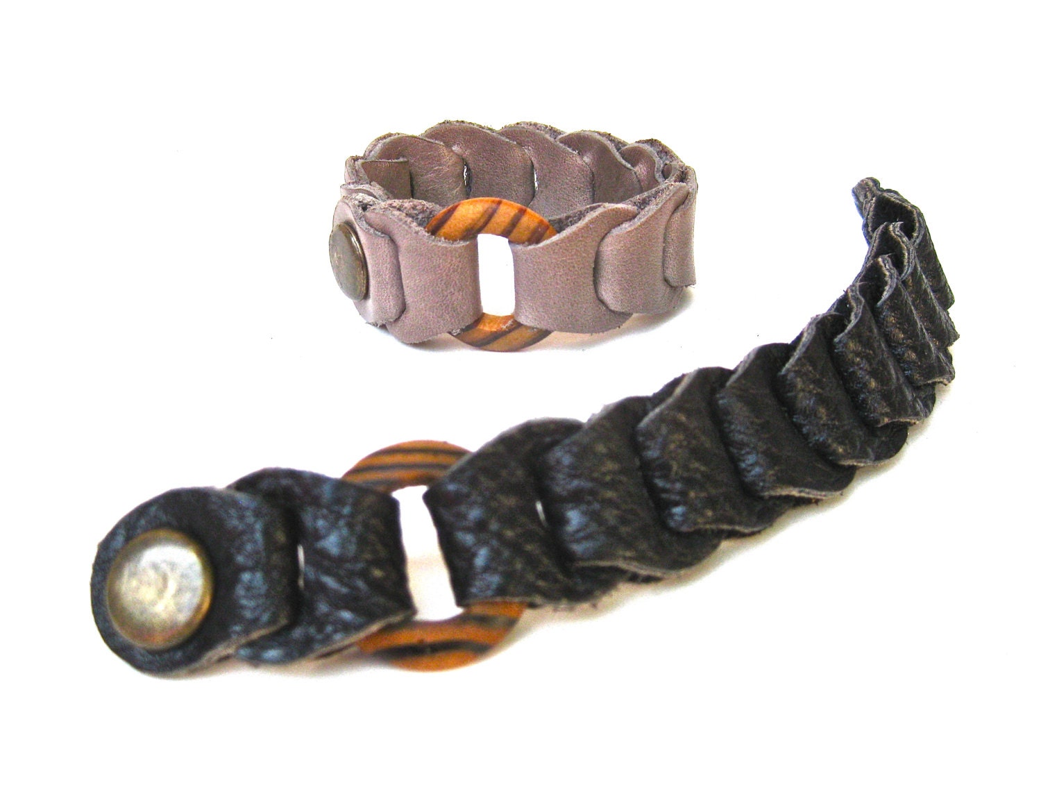 Leather Link Boyfriend Cuff with Wooden Ring Detail custom color choice unisex men or women