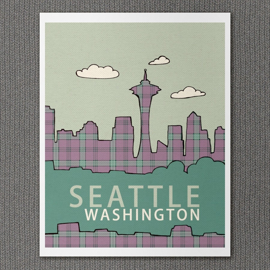 Children Decor Travel Themed Kids Room - Seattle in Plaid Series No.1 - 16x20 City Skyline Illustration and Typography Art Print