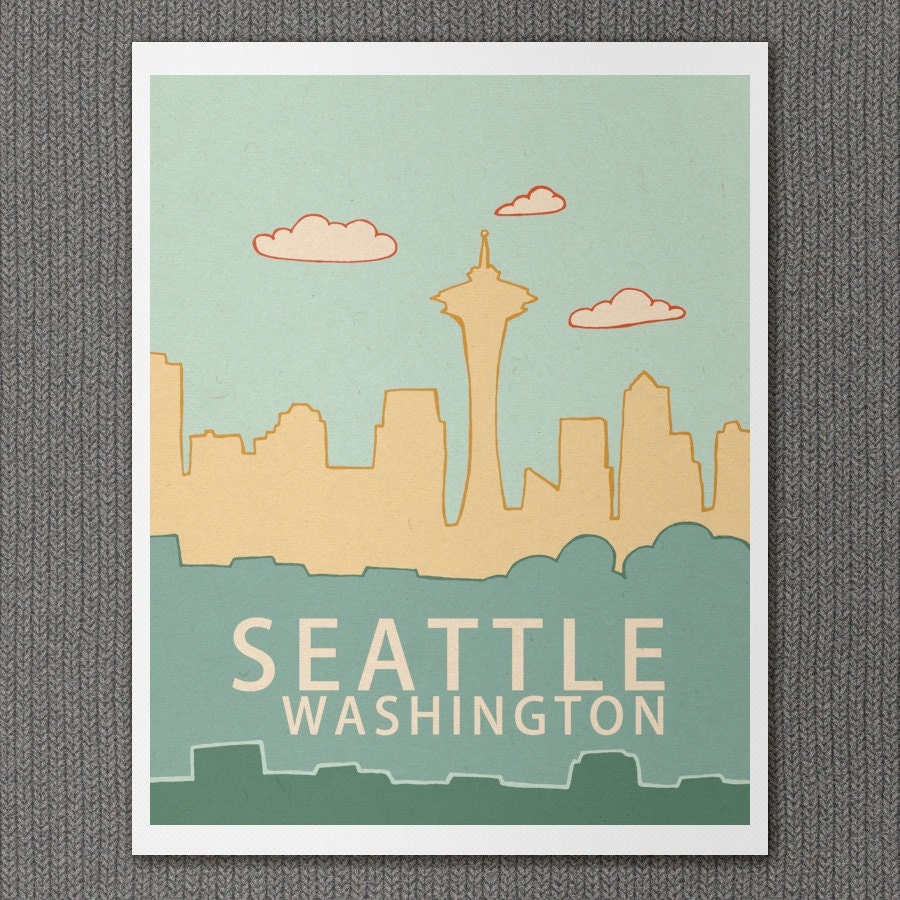 Seattle Washington Skyline 2.0 8x10 / Typography Print, Nursery Decor, City Illustration, Travel Theme, Digital, Trendy Loft, Grunge Music