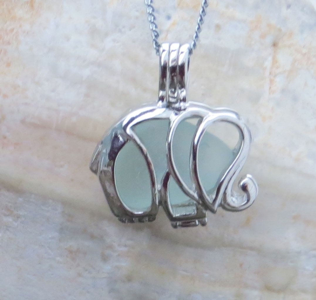Aqua Sea Glass  Elephant Necklace Locket Frosted Pale Rare Genuine