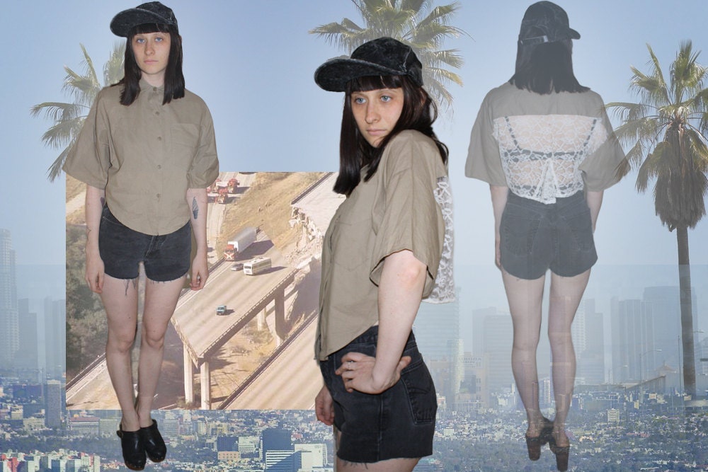 90s womens taupe boxy white lace back top size S-M-L