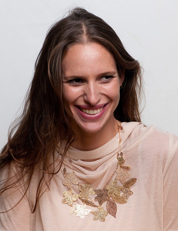 Autumn leaves metal lace  statement Necklace, yellow and rose gold