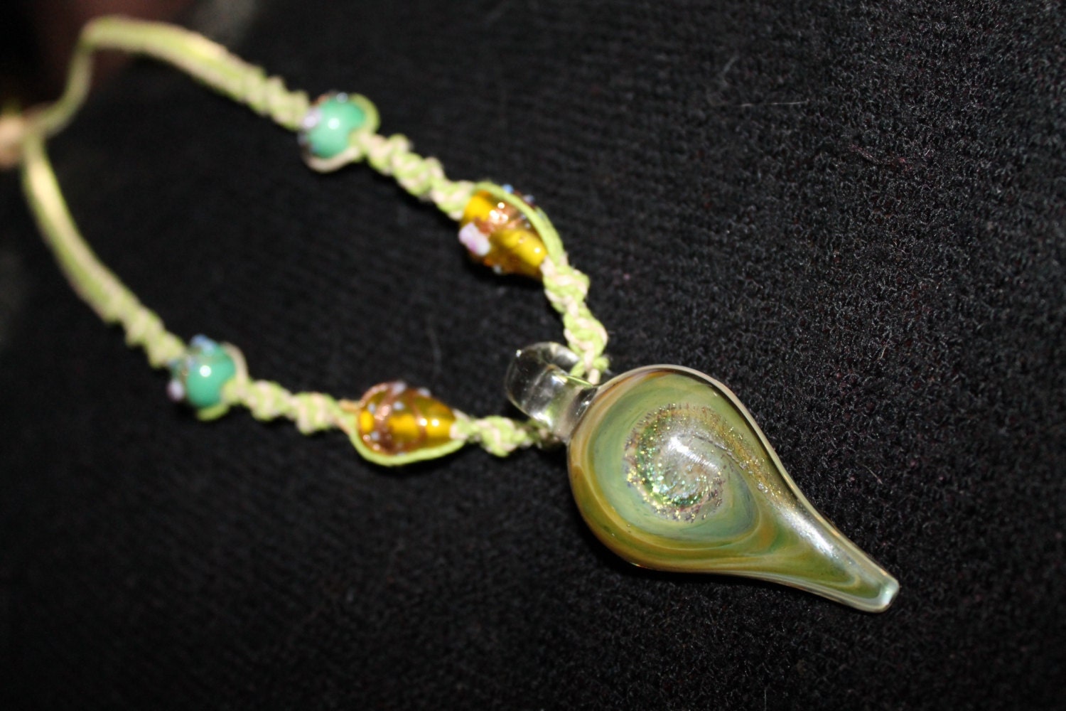 Lime green, natural hemp necklace with glass beads and handblown glass pendant, macrame, hippie, dichro, vortex