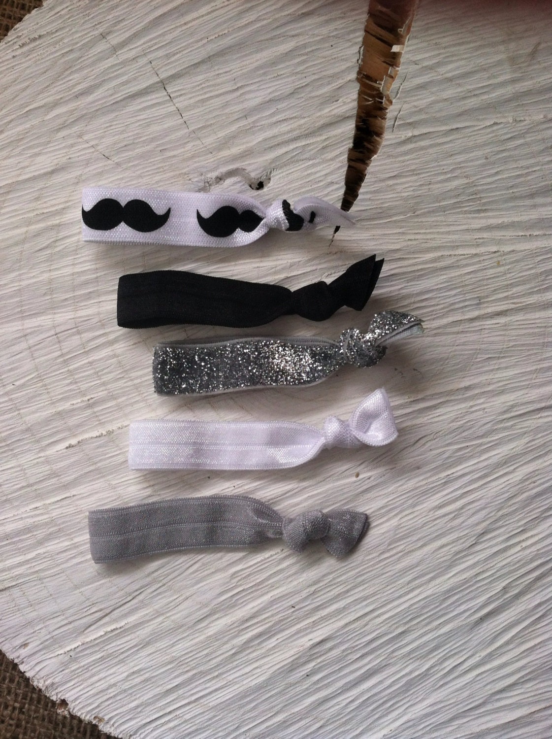 Set of Five Fold Over Elastic Knot Hair Ties Mustache Print