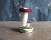 Felted wool garden, black cherry red amanita mushrooms in an upcycled lid