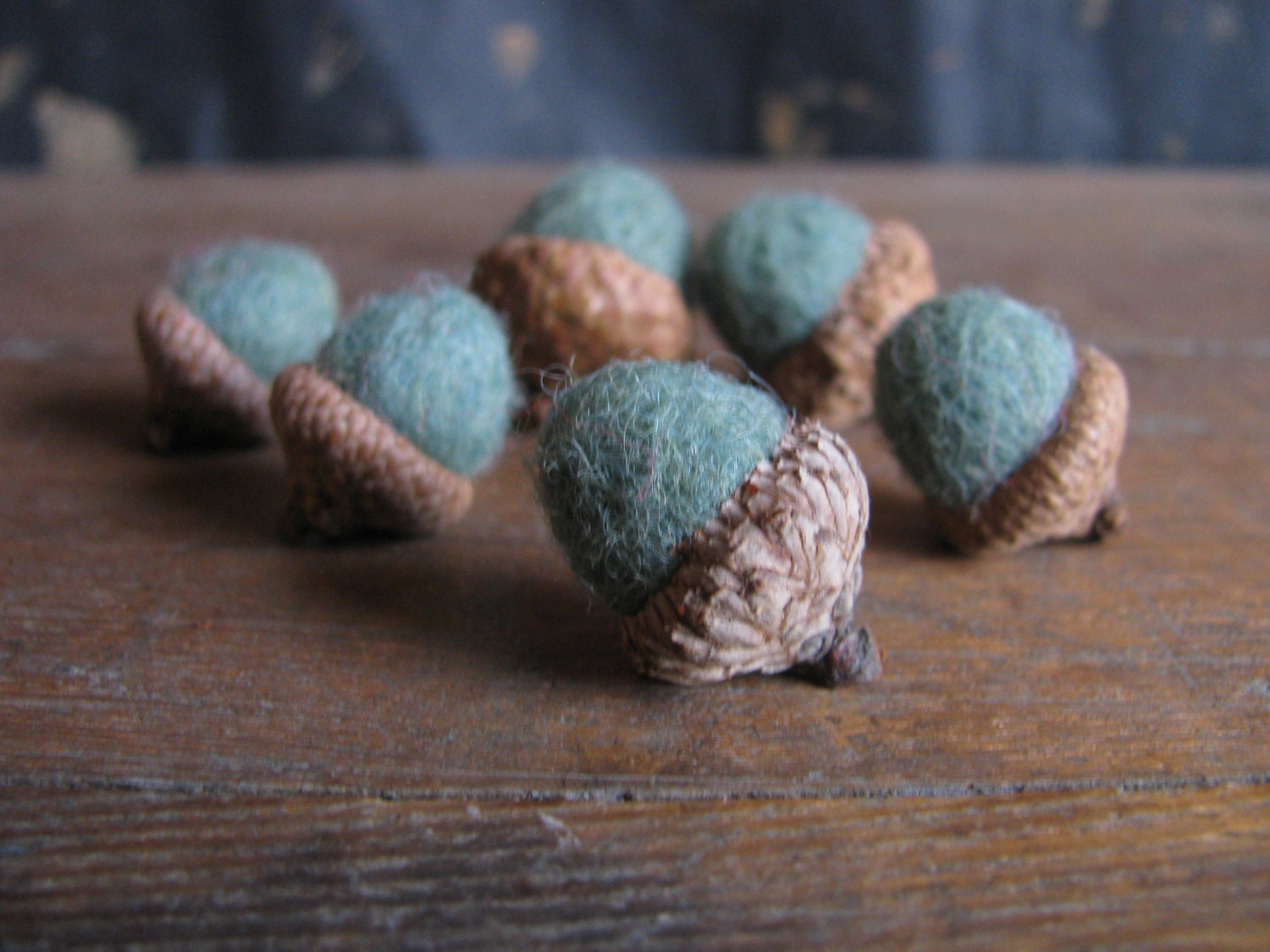 Felted wool acorns, set of 6, plant-dyed sea green