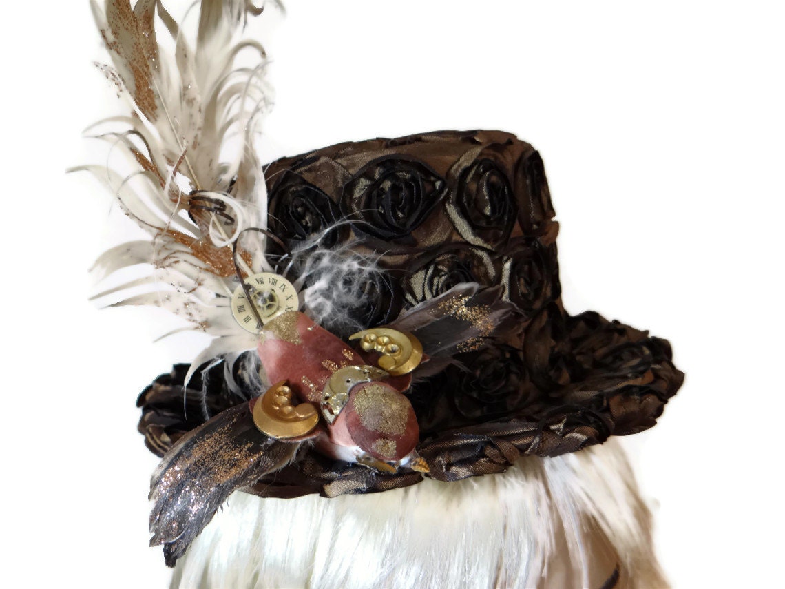 Steampunk Top Hat in Brown Satin Ribbon Roses with Automaton Bird by Dr Brassy Steampunk