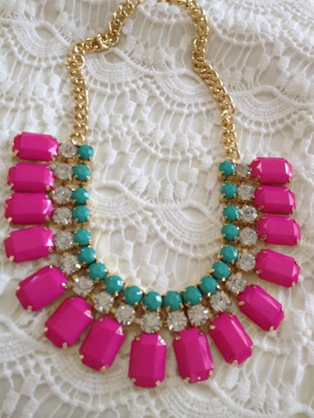 New Release, Hot Pink, Rhinestone Chunky Gold Chain Statement Bib Necklace