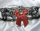 Flask Garter - Black Lace Flask Garter w/ Red Bow and Clear Swarovski Crystal - 3 oz Flask Included
