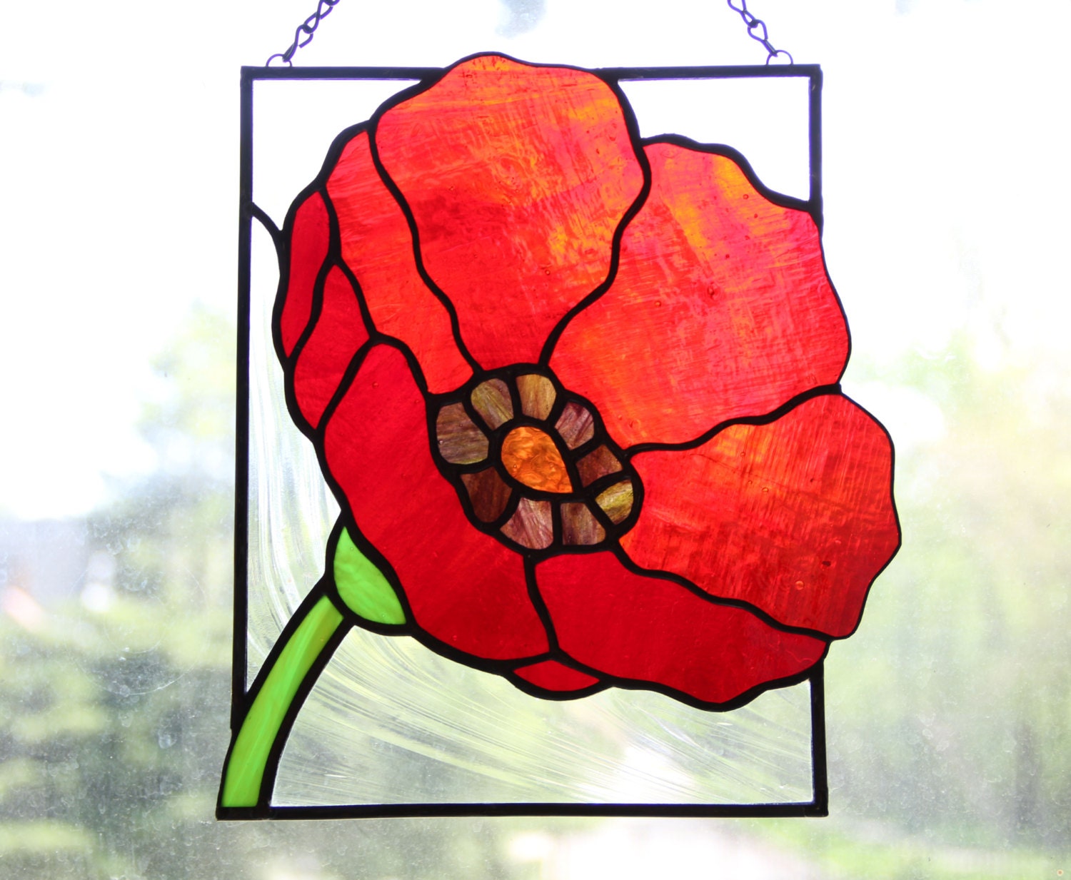 Poppy Blossom Stained Glass - 9x7" Handmade Panel