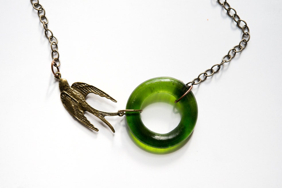 Clear Wine Bottle Circle with Brass Bird