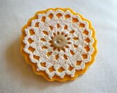 Vintage Style, Crochet Doily & Felt Brooch, Eco Friendly, Yellow Sun, Honey Orange