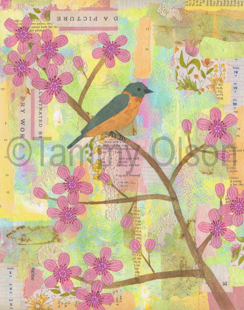 Mixed media painting of blue bird, cherry blossom collage, flowers, spring, 8 x 10 limited edition print 1/250 "With a song of Spring"
