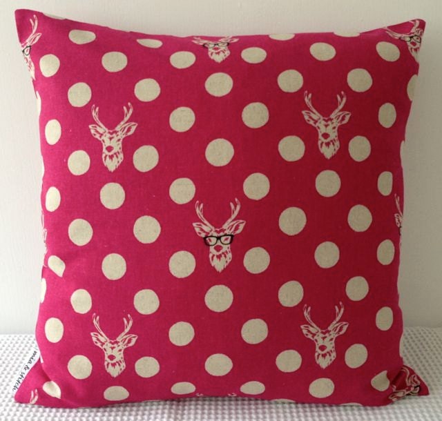 NEW Japanese fabric cushion cover in hot pink background with deer and dots motif, throw pillow, decorative cushion