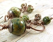 Green Drop Earrings Copper Rainforest Jasper Dangles Yellow Brown Earthy Rustic