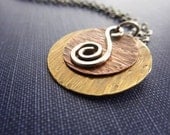 Round Pendant Necklace Mixed Metal Hammered Brass Copper Sterling Silver Spiral