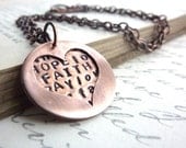 Heart Necklace Metal Stamped Inspirational Words Faith Hope Pray Love Customized Personalized Layered Copper